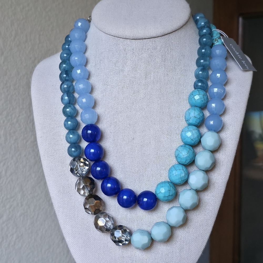 Cookie Lee Layered Blues Greens Plastic Bead Crystal Accent Necklace